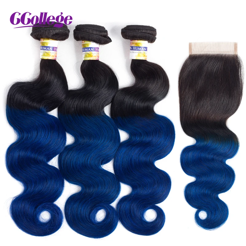 

CCollege Hair Bundles With Closure Ombre Body Wave Remy Human Hair Weft Bundles 4*4 Lace Closure Brazilian Hair Black To Blue