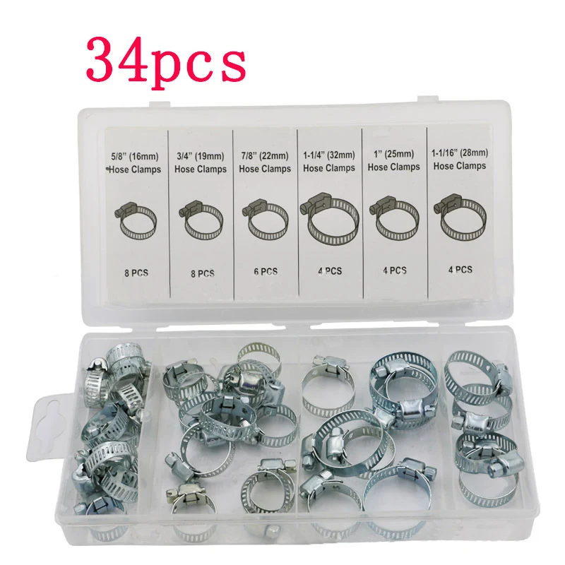 

34Pcs Hose Clamp Set With Storage Box Assorted Driver Jubilee Clip Tool Kit Hardware Accessories JA55