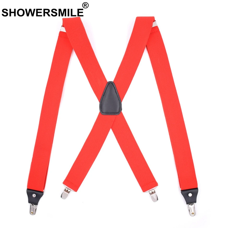 

SHOWERSMILE Man Suspenders Red 4 Clips X Back Braces Suspender For Men Wedding Dress Male Shirt Suspender Elastic Suspender Belt