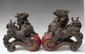 

Pottery WuCai porcelain Ruyi Foo Dog lion Kylin kilin Brave troops Pair Statue
