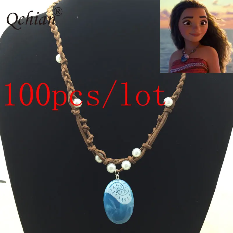 100pcs/lot Movie Princess Moana Necklace Cosplay Pendants blue Stone