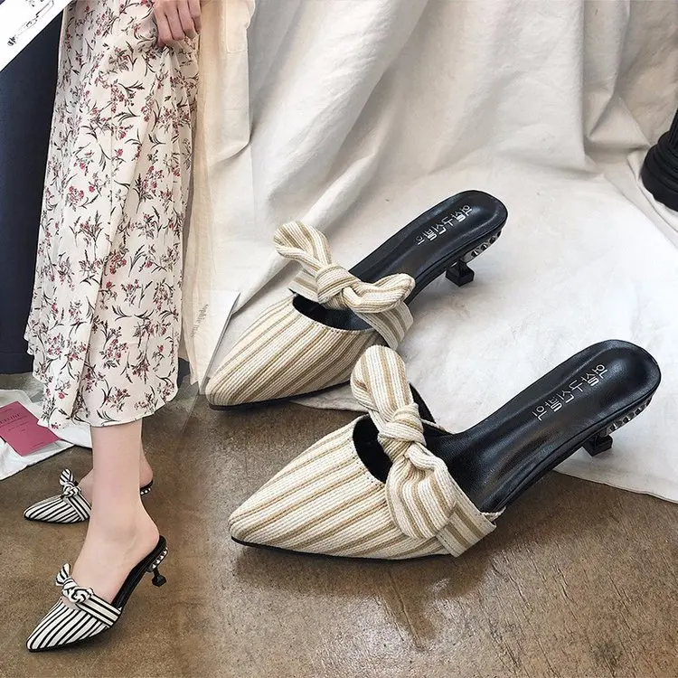 SWYIVY Pumps Low Heel Muler Shoes Woman Strip Bow 2018 Summer New Female Casual Shoes Half Slippers Pointed Toe Pump OL Footwear