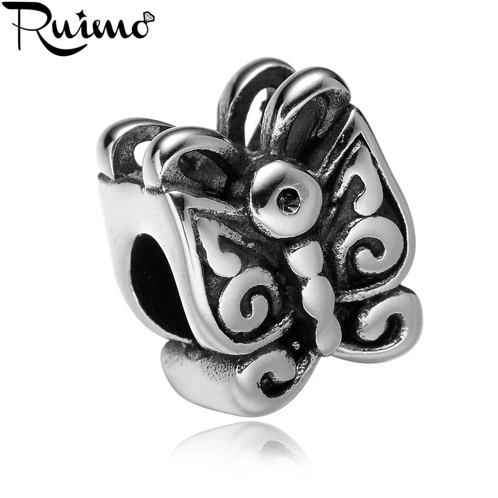 

RUIMO 316l Stainless Steel Cute Butterfly Charm Beads Hole Size 5 mm Metal European Beads for Bracelet Beads DIYJewelry Making