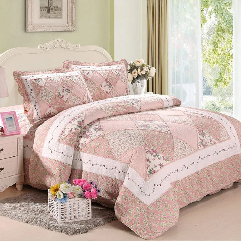 Korea Pink Floral Patchwork Quilt Set 3PCS Quiltedbedding Cotton Quilts