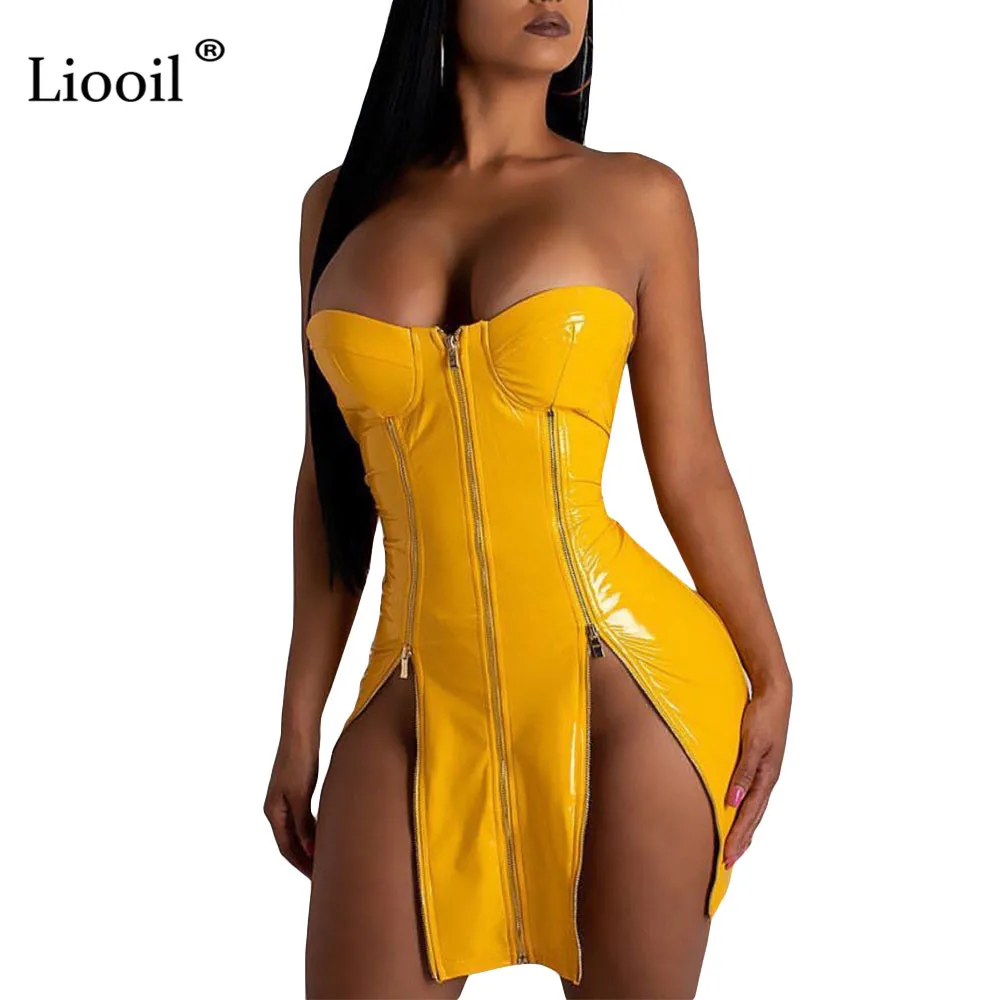

Liooil Sexy Pu Leather Zip Up Mini Dress Women 2019 Spring Summer Off Shoulder Sleeveless Strapless Black Party Bodycon Dresses