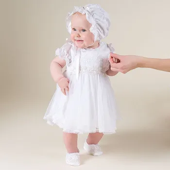 

With Hat 2018 New Baby Infant Baptism Dresses Puff Sleeves Formal Short Sleeves A-Line Lace Baby Christening Gown
