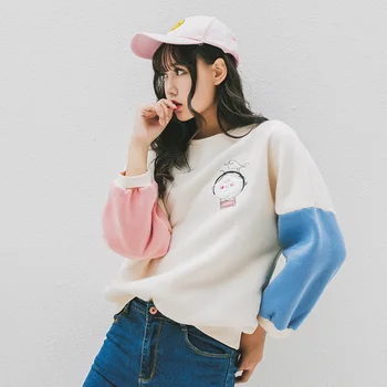

Women'S Fleece Plus Velvet Thick Cartoon Embroidery Loose Svitshot Female Korean Kawaii Pullover Sweatshirt For Women