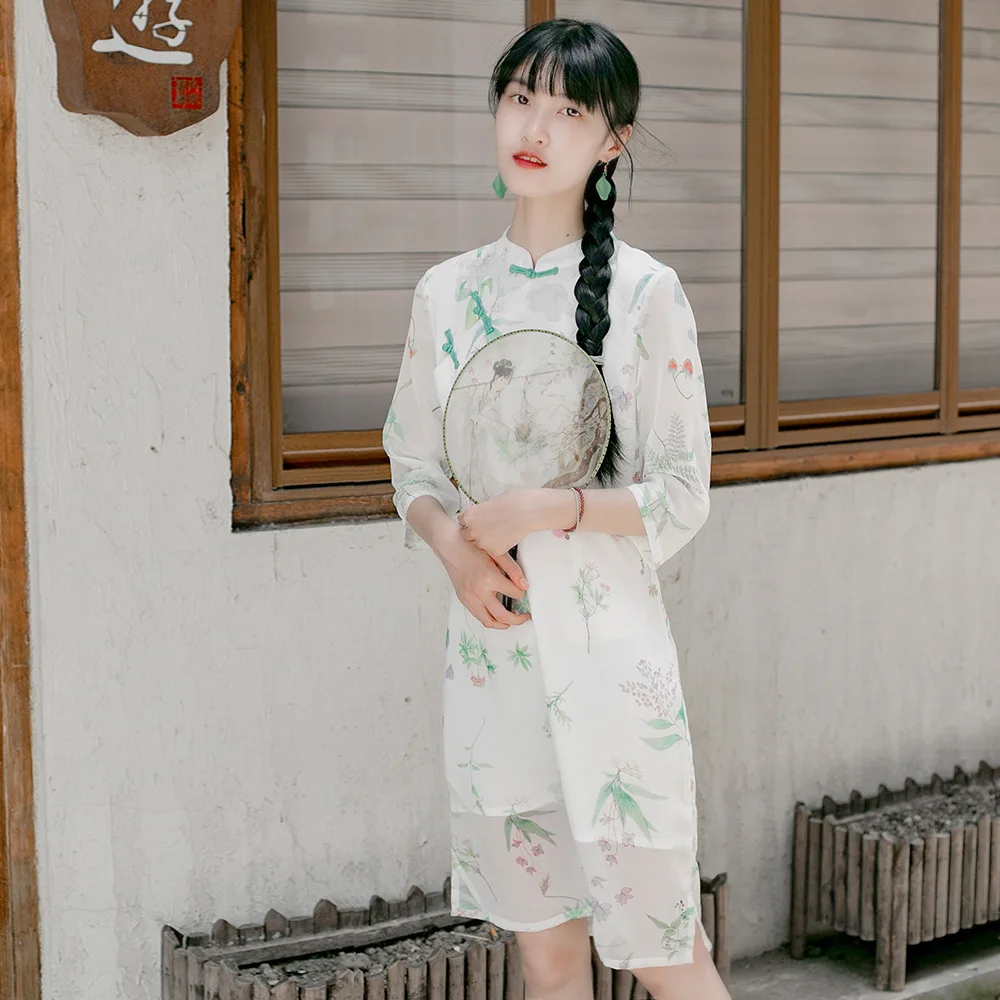 

Spring Autumn New Printing National Wind Handmade Plate Buttons Chinese Cheongsam Dress Was Thin Retro Seven Sleeve