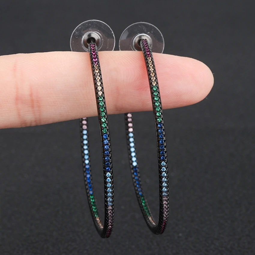 

Gold/Black Color Thin Multi-Color Cubic Zirconia CZ Big Hoop Earrings for Women Circle Statement Earrings