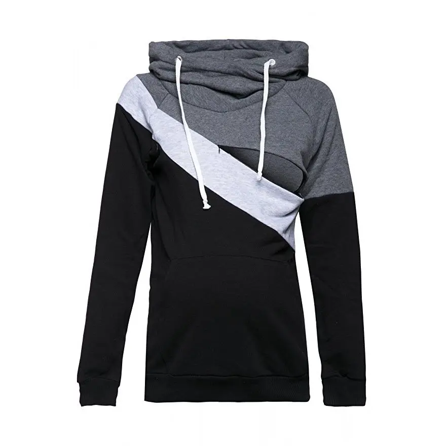 Plus Size Pregnancy Nursing Long Sleeves Maternity Clothes Hooded Breastfeeding Tops Patchwork T-shirt for Pregnant Women