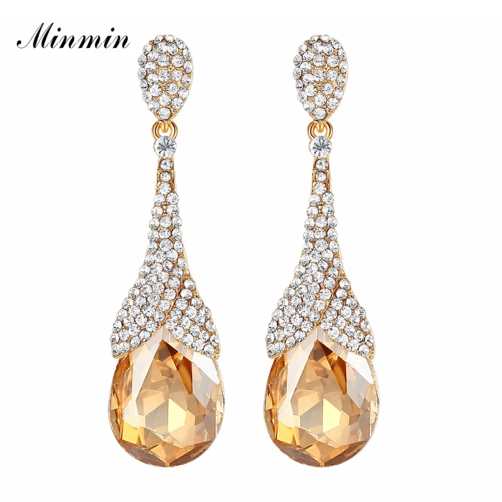 

Minmin Gold / Silver Color Crystal Big Teardrop Long Earrings for Woman 2019 New Fashion Rhinestone Wedding Party Jewelry EH1085