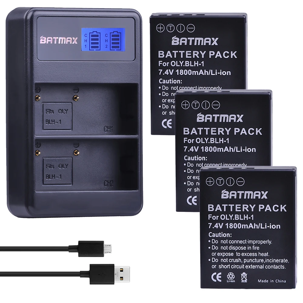 

3pc 1800mAh BLH-1 BLH1 Camera Battery+LCD Dual USB Charger for Olympus E-M1 Mark II Camera