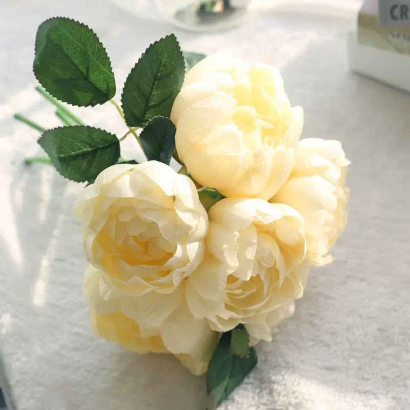 light yellow 6 головок круглый пион Свадебный букет синий Искусственные цветы розовый Шелковая Роза цветок для свадьбы Вечерние партия украшения Flore - Цвет: light yellow