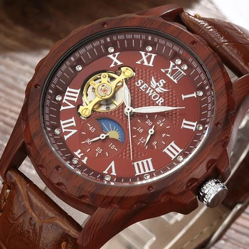 

SEWOR Luxury Brand Vintage Lmitation Wood Steel Case Tourbillon Mechanical Mens Watches Leather Straps Fashion Wooden Watch 2017