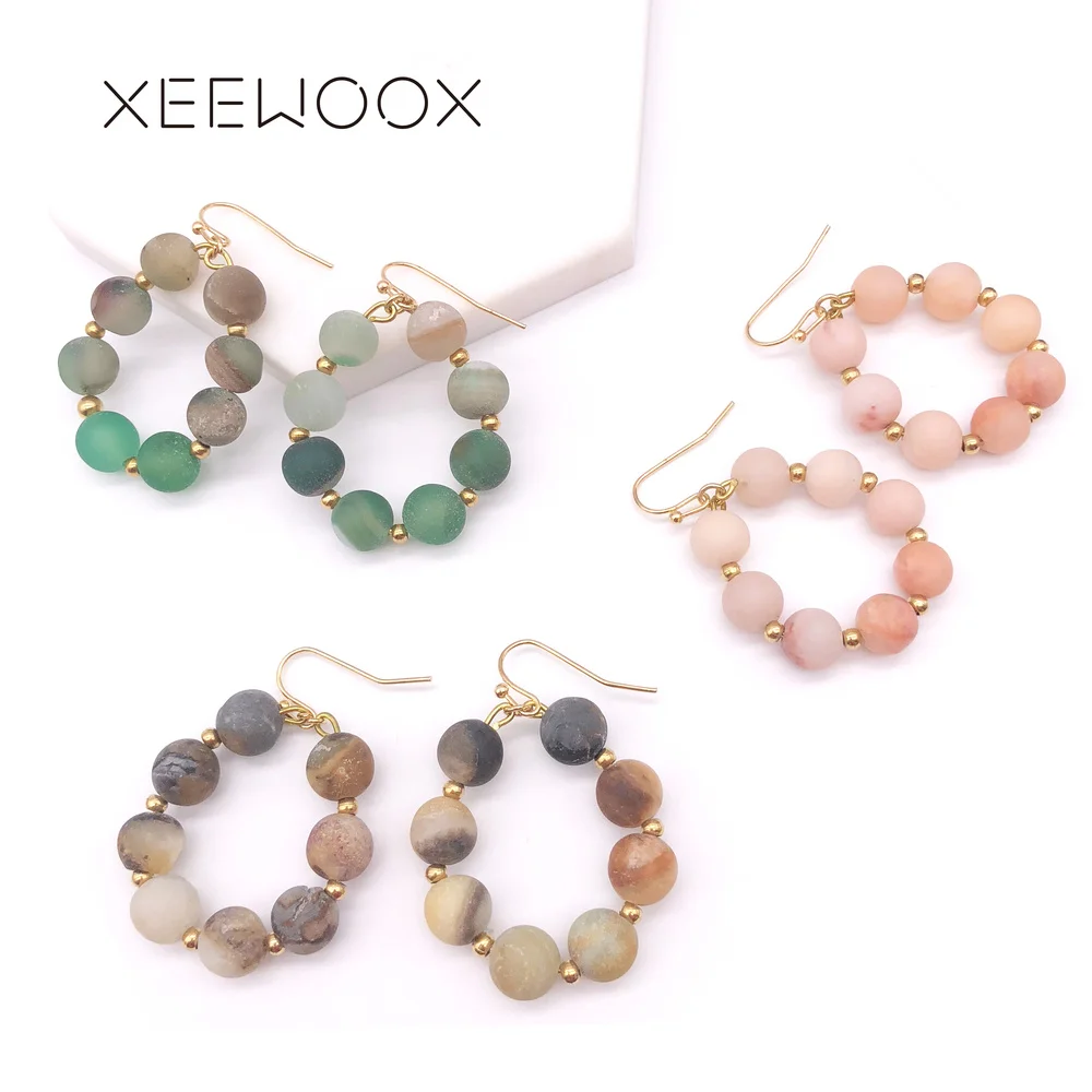 

Colorful Natural Stone Semi-precious Stone Pink Green Brown Beads Drop Earring Statement Woman Circle Drop Earring Vintage Gift