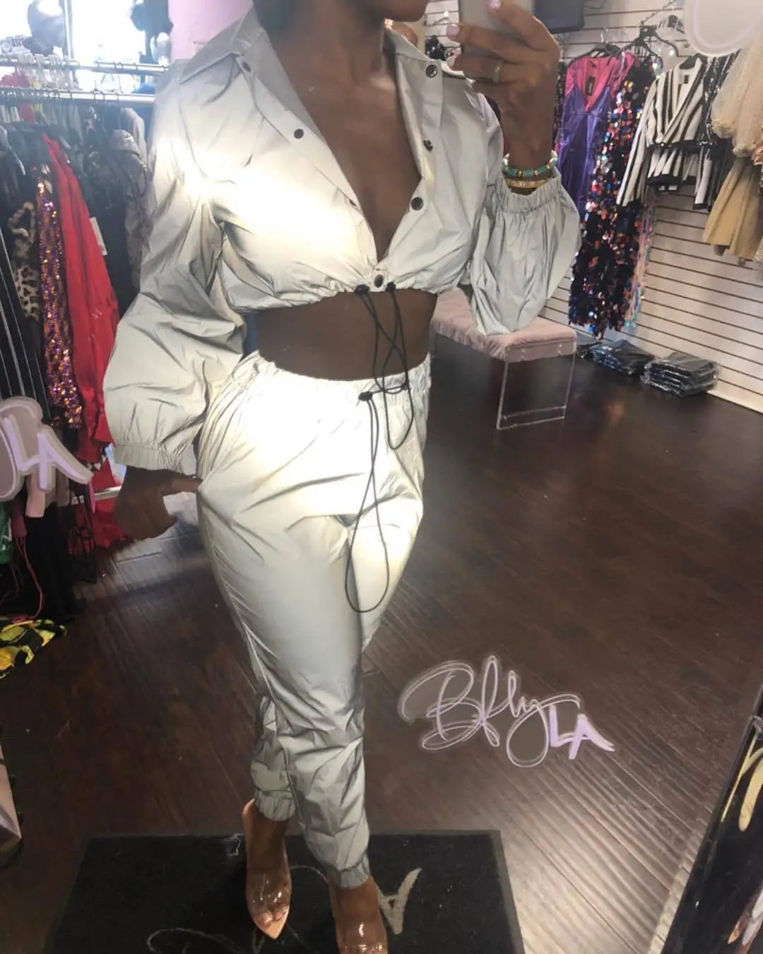 Women Sexy Reflective Tracksuit Night Version Buttons Turn Down Collar Long Sleeve Crop Top+ Casual Pants Two Piece Set