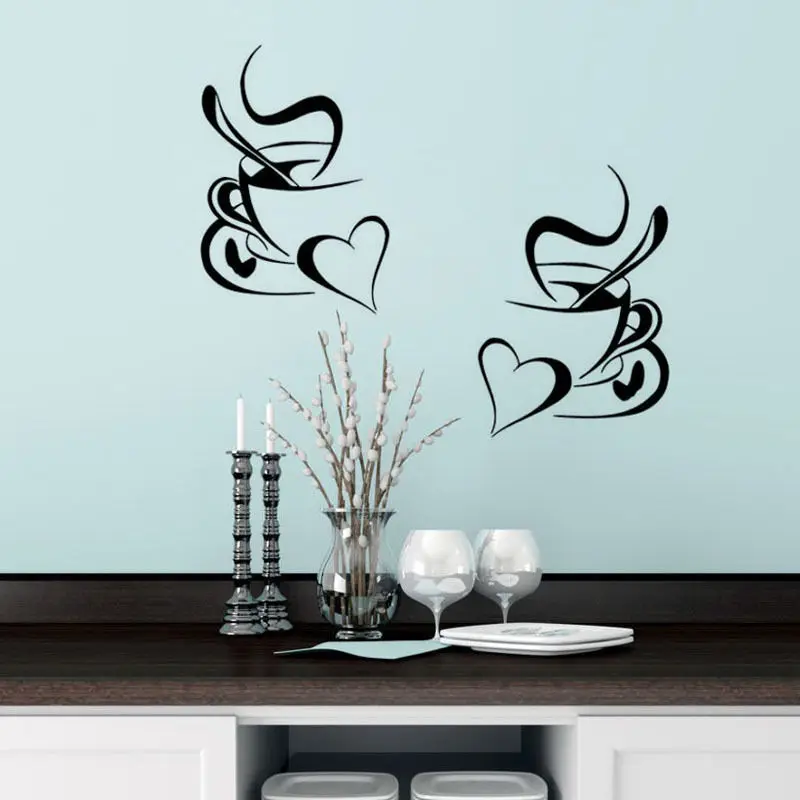 kitchen wall sticker coffee 2pcs coffee cup with heart kitchen vinyl wall art decor decal stickers 30x20cm Mural D724