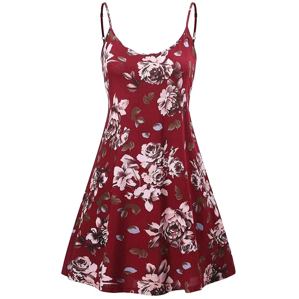 

2019 Spring Summer New Women Lady's Sexy Round Neck Floral Printed Sleeveless Camisole Trim Cute Sweet Dress