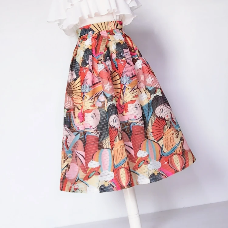 

Women Elegant Spring Summer High Waist Zipper A-line Floral Mid-calf Umbrella Skirt XHSD-3204