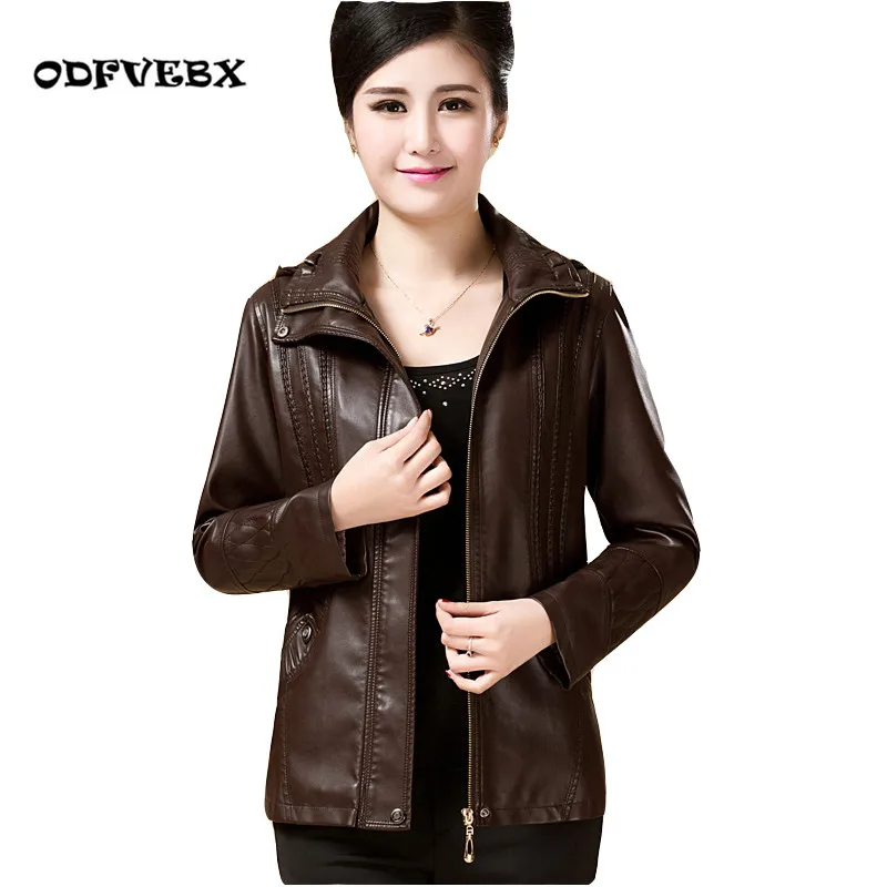 

2019 Spring Autumn New Leather Jacket Female Middle Aged Plus Size PU Leather Fashion Short Leather Jacket Removable Cap Women