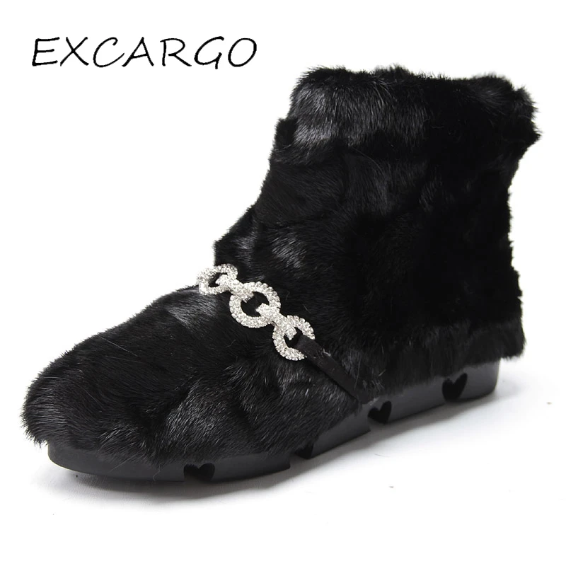 

EXCARGO Luxury Mane Fur Ankle Snow Boots Woman Rhinestone 2018 Winter New Female Elegant Warm Shoes Back Zipper Snow Boots 40