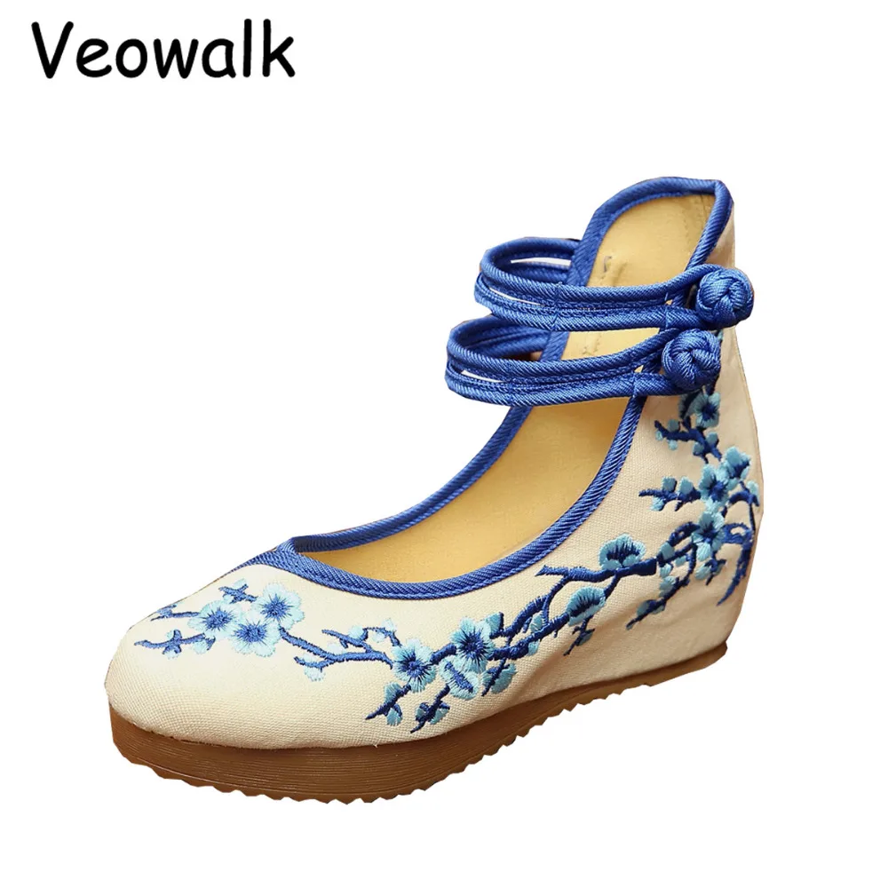 Bordado negro azul Planas Mujer Damas Flor Lona Chino Algodón Negro Nuevo Mujeres Zapatos Plataformas Ciruela Estilo Beige Veowalk T1pvOq7aw
