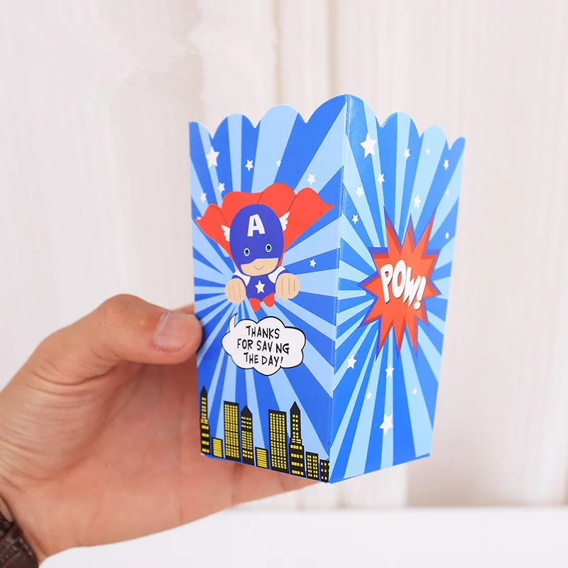

6pcs/set Captain America Popcorn Box Spiderman Cartoon Figure Candy Box for Kids Boys Birthday Party Favor Gift Supplies