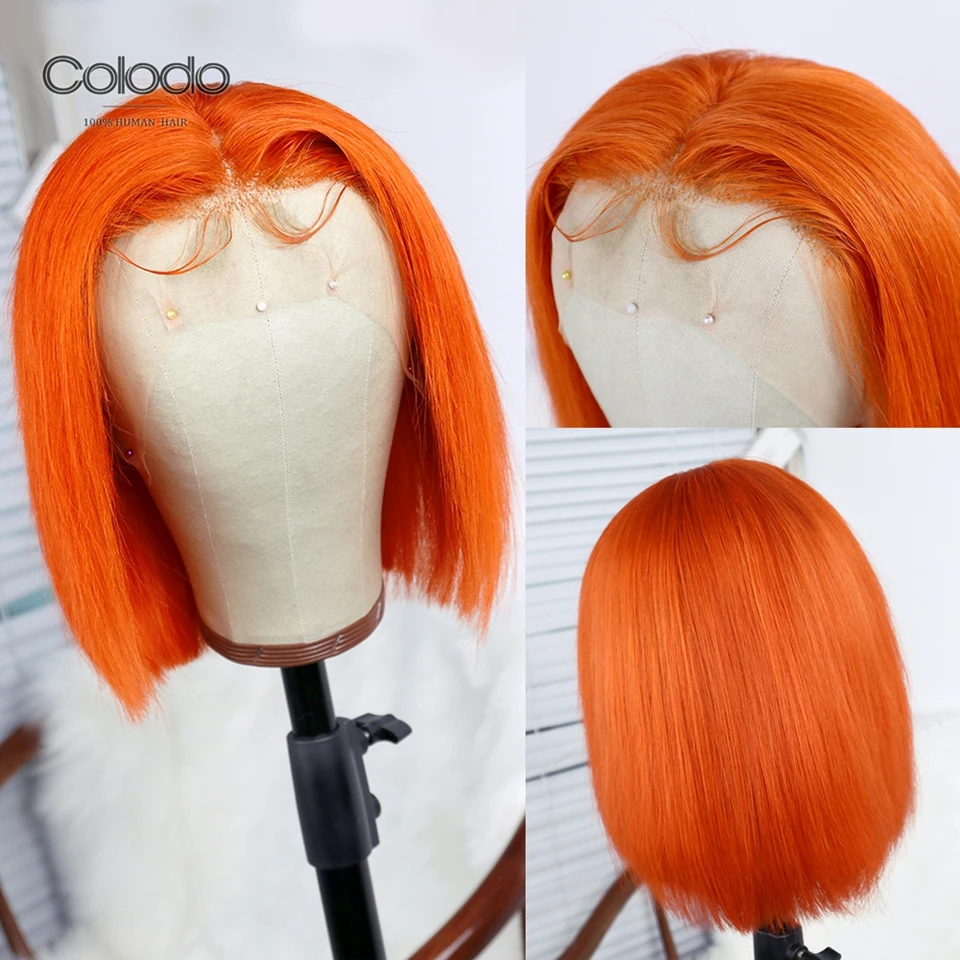 COLODO Oranje Kleur Korte Menselijk Haar Pruiken Braziliaanse Remy Lichtblauw Menselijk Haar Pruik Preplucked Bob Lace Front Pruiken Voor vrouwen COLODO Oranje Kleur Korte Menselijk Haar Pruiken Braziliaanse Remy Lichtblauw Menselijk Haar Pruik Preplucked Bob Lace Front Pruiken Voor vrouwen