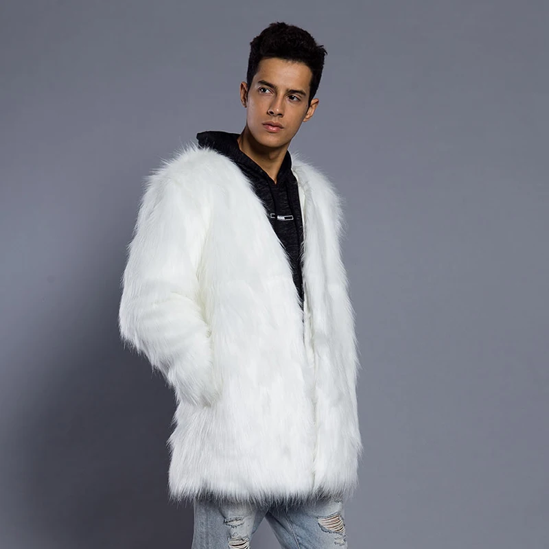 Parkas Caliente Invierno Peludo Negro Oversize De Chaqueta 6q1217 blanco cuello Espesar Abrigo Piel Hombre V Cuello Sin HwCxqn7I
