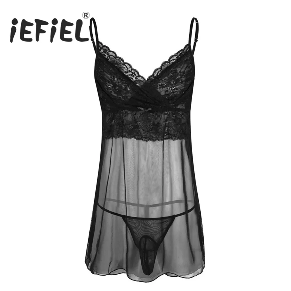 

iEFiEL 2Pcs Gay Mens Lingerie Sheer See-through Mesh Adjustable Spaghetti Mini Dress with G-string Sissy Jockstraps Nightwear