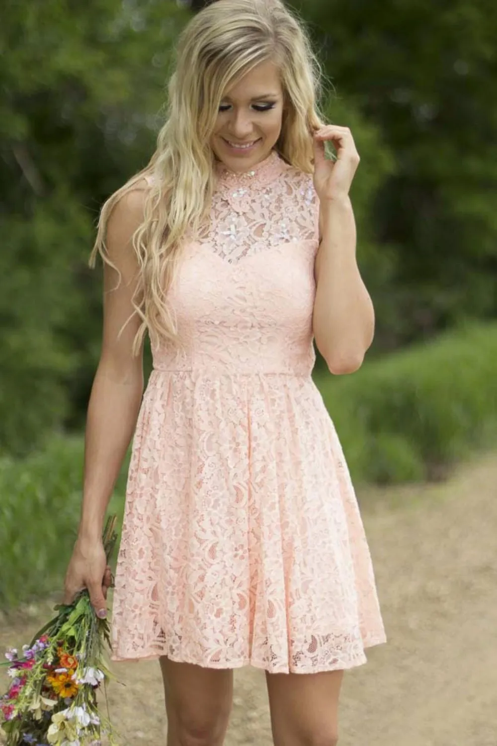 Peach Short Lace Bridesmaid Dresses 