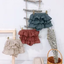 Летние модные тонкие хлопковые льняные шорты для маленьких девочек, детская многослойная юбка, однотонные шорты высокого качества для девочек