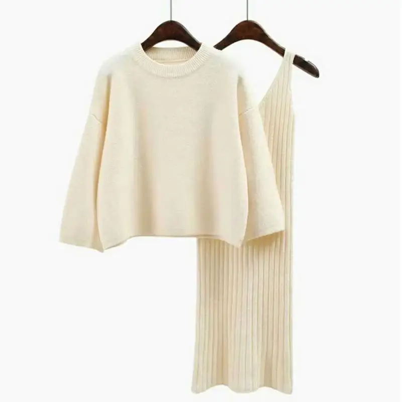 Ly Varey Lin Autumn Winter Womans Sweater+ Straped Mini Dress Sets Solid Color Casual Loose Knitted Sweater Two-pieces Suits - Цвет: Beige