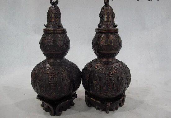 

song voge gem S0265 China Copper Bronze Feng shui Bat Wealth Blessing Pot Vase Cucurbit Gourd Pair