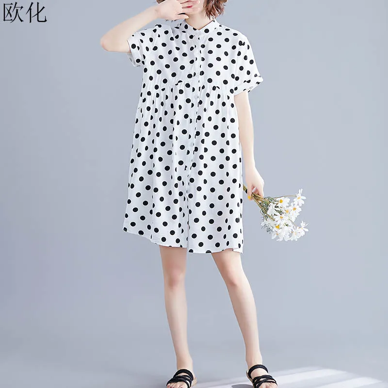 

Women Plus Size Cotton Linen Summer Vintage Polka Dot Cardigan Dress Big Size Boho Midi Party Dress O Neck Sundress Vestidos 4XL