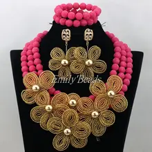 Свадебные туфли в африканском стиле Искусственный Coral Бусины Цепочки и ожерелья комплект ювелирных изделий фуксия розовый Индийский Свадебные украшения набор золото цветы для женщины cj634