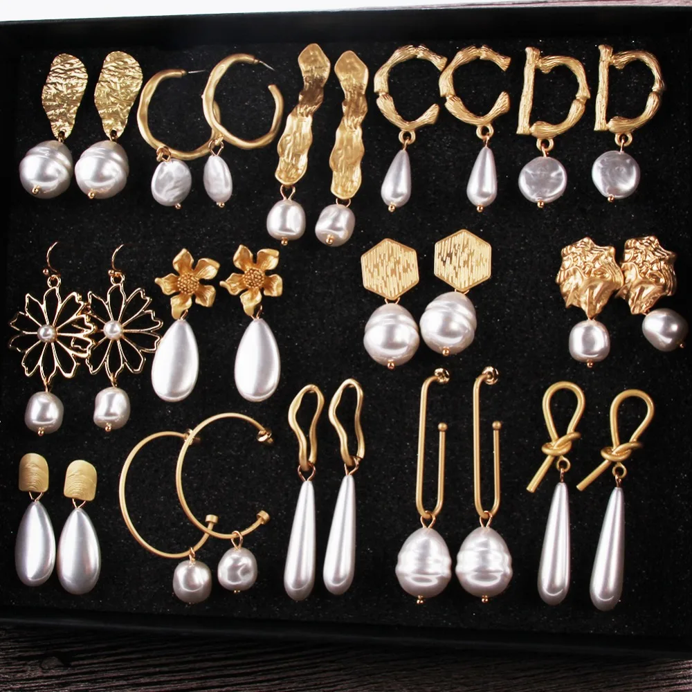 

Best lady Boho Fashion Pearl Flower Drop Earrings For Women Geometric Dangle Statement Earrings Jewelry Wedding Party Girl Gifts
