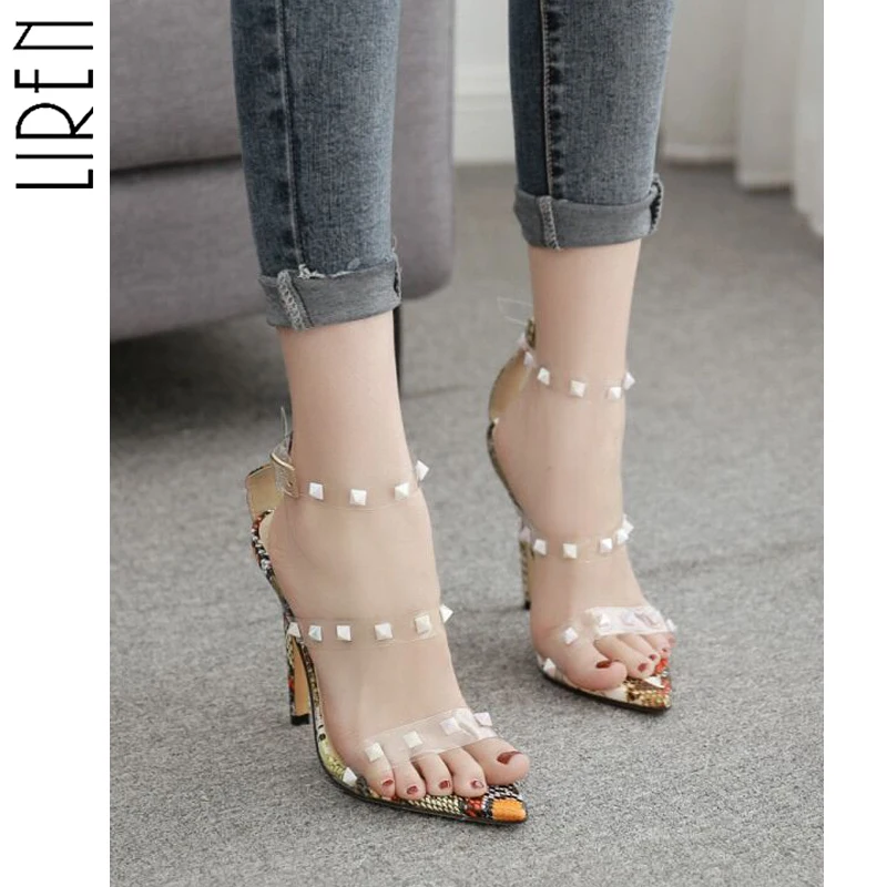 

Liren Women Sexy Rivet Leopard Heels Shoes Women Sexy Pointed Metal Rivets Ankle Buckle Strap High-heeled Sandals Size 35-40