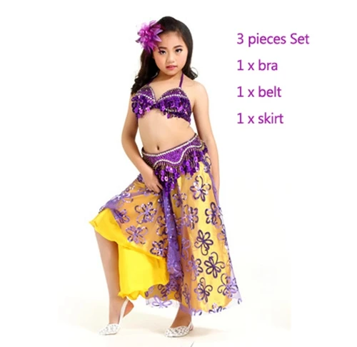 Детская профессиональная одежда для танца живота, 3 предмета, Восточный Костюм, бюстгальтер, пояс, юбка для девочек, костюм для танца живота, комплект для детей - Цвет: Purple bra belt skir