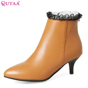 

QUTAA 2020 Women Ankle Boots Thin High Heel PU Leather Western Style Pointed Toe Spring and Autumn Ladies Boots Size 34-43
