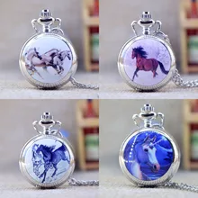 Новая мода Серебряный красивый декор с изображением лошади единорог с зеркальным корпусом кварцевые карманные часы аналоговый кулон ожерелье унисекс подарки P358-61