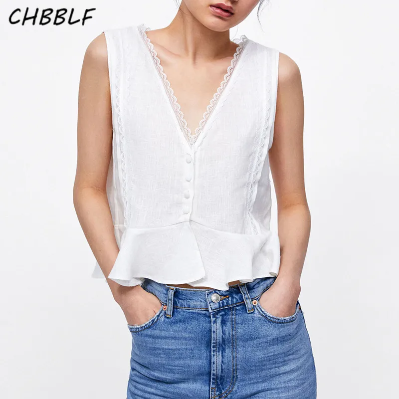

CHBBLF women elegant V neck ruffled crop tops lace patchwork sleeveless blouse female white summer chic shirts XDN9274