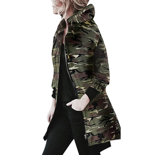 Womens Long Sleeve Coats Camouflage Hooded Autumn Winter Jacket Casual