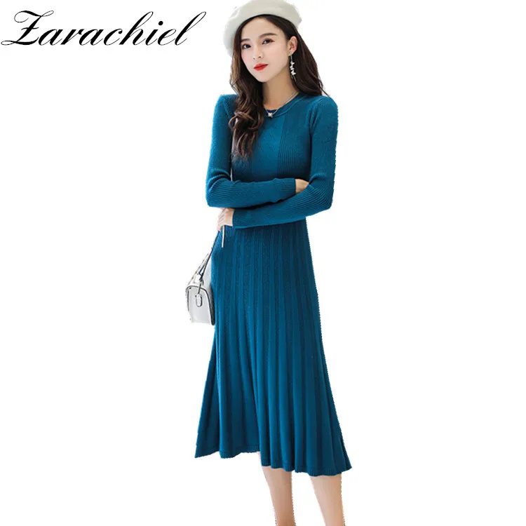 

2019 Autumn Winter Women's Knitted Cotton Sweater Dress Long Style Solid Color O Neck Pleated Female Jumper Thick Knitted Dress