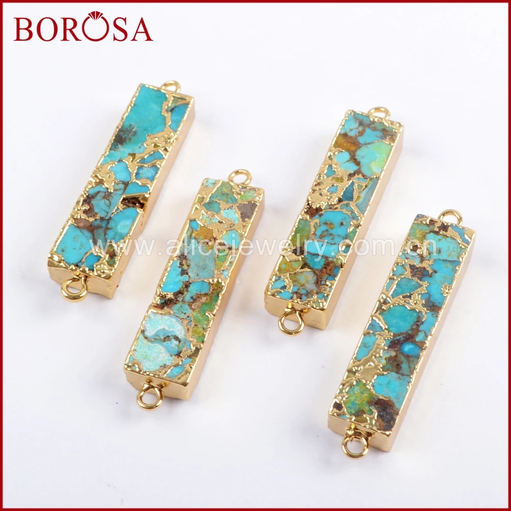 BOROSA 5/10PCS Gold Color Rectangle Copper Turquoises Connector Natural Blue Stone Double Charms Gems for Necklace Jewelry G1650 4