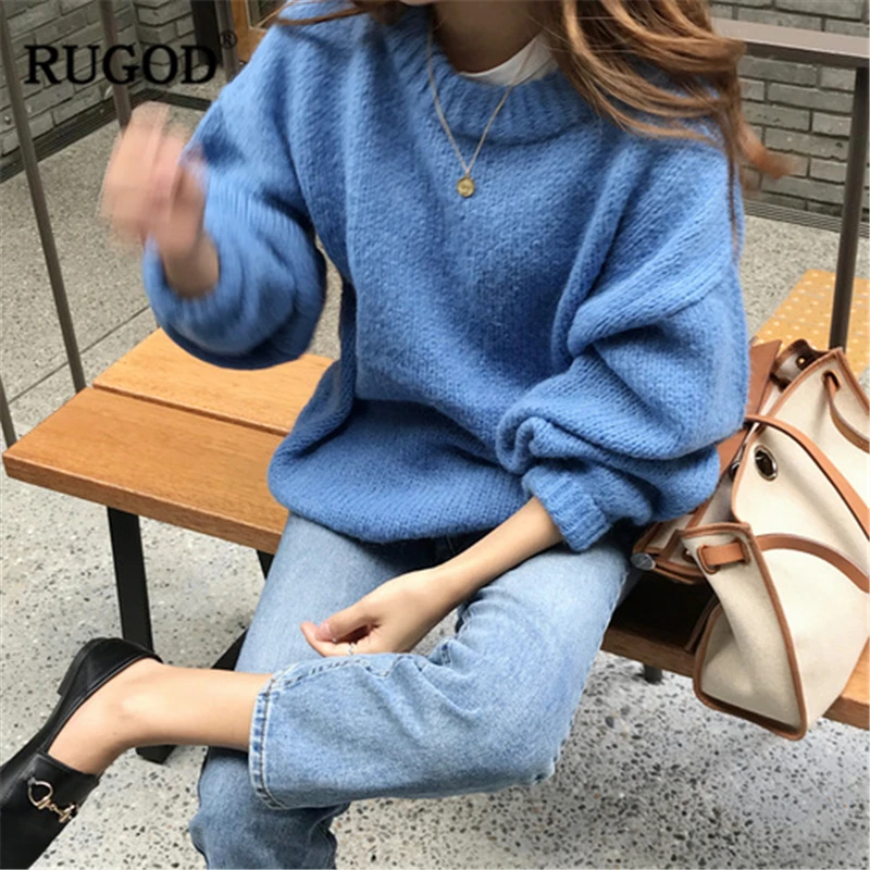 RUGOD, винтажные Модные женские пуловеры, одноцветные, размера плюс, вязаная теплая зимняя одежда с круглым вырезом, повседневные женские свитера, sueter mujer