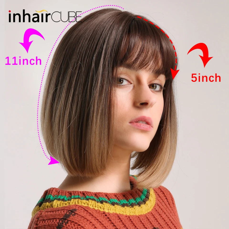 Inhair Cube 12 Bob Wigs Highlight Dark Brown Root Centre Parting