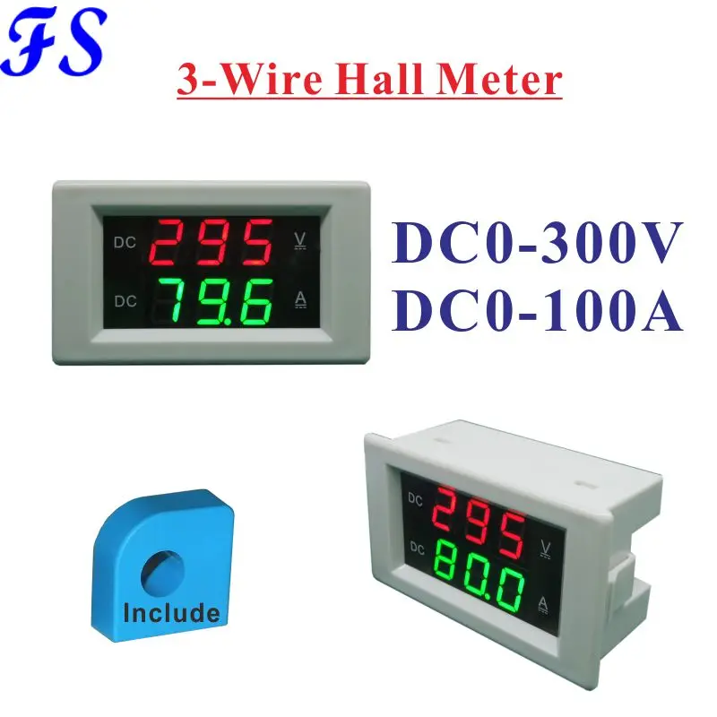 DC100A 300V Three Wires Voltage Current Meter Hall CT LED Digital DC