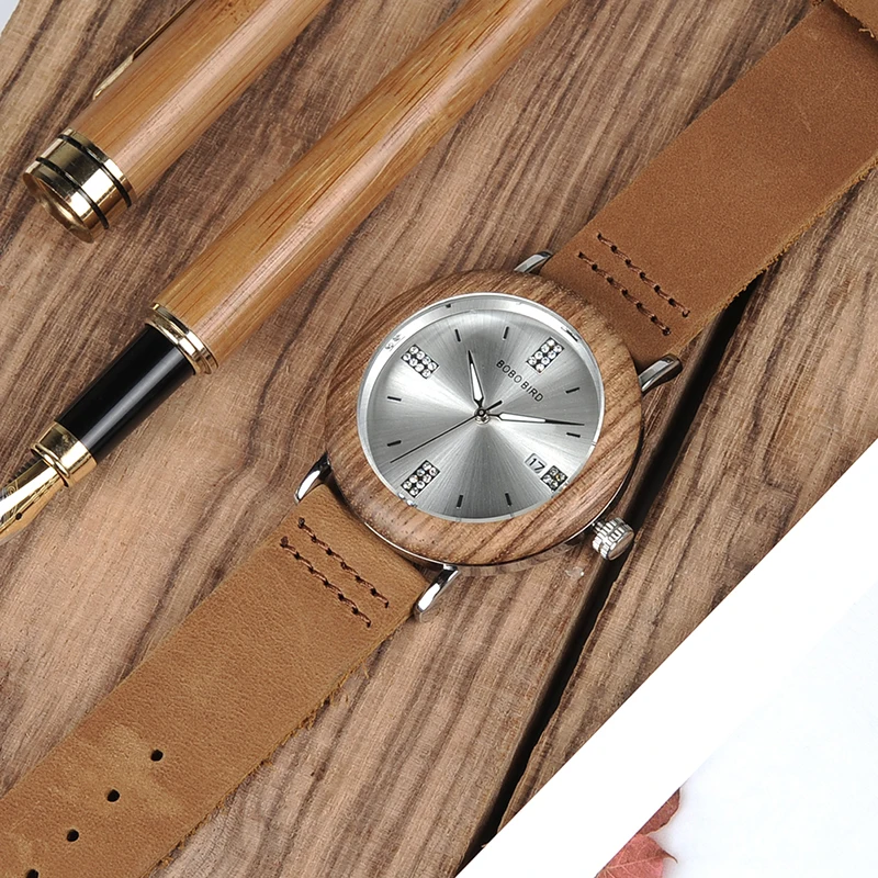 BOBO BIRD Crystal Men Watches Wooden Bezel Steel Watch with Brown Leather Strap in Gift Box