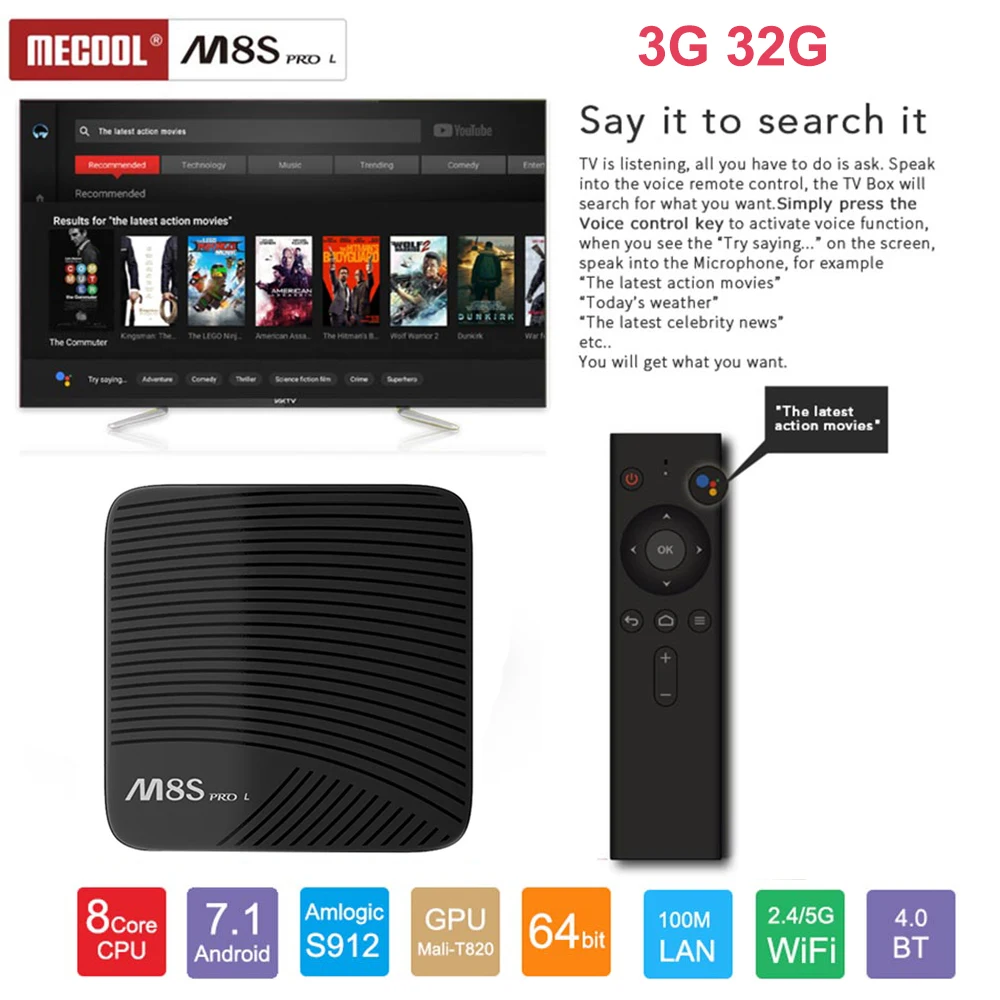 

Mecool M8S PRO L Voice Control Smart TV Box Android 7.1 Amlogic S912 Octa Core BT4.1 Wifi 2.4G/5G 4K Set-top Box HDMI 3GB 32GB